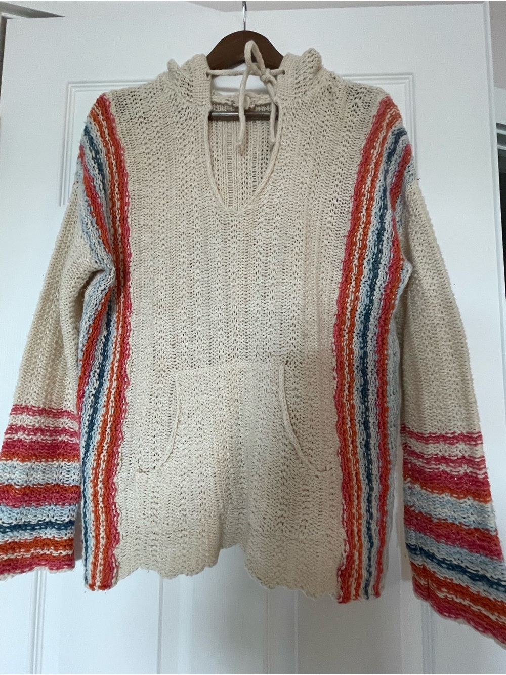 Hem & Thread Cream Loose Knit Hoodie with Multicolor Stripes
